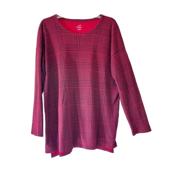 J. Jill | Simply Supima Red Black Houndstooth Plaid Cotton Tunic Top, Large - Picture 1 of 6